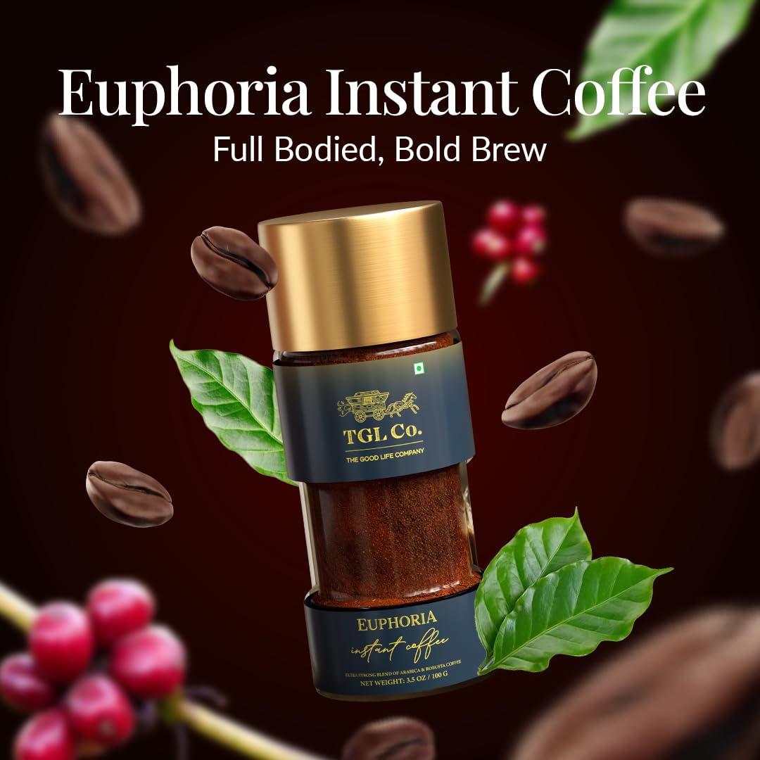 TGL Euphoria Instant Strong Coffee (100 gm) | Premium Blend of Classic Arabica & Robusta Coffee Beans | Hot & Cold Coffee | Rich & Smooth taste | Espresso, Latte & Cappuccino