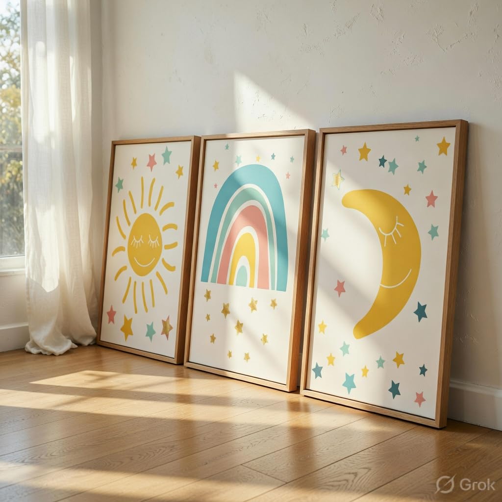 Kids Nursery Wall Painting Set of 3 with Wooden Frames | Sun Rainbow Moon Kids Room Wall Art | HD Sparkle Printed MDF Cartoon Wall Decor for Baby Room, Nursery, Playroom & Bedroom