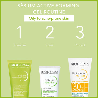 Bioderma skincare products with a green background and text indicating a skincare routine.
