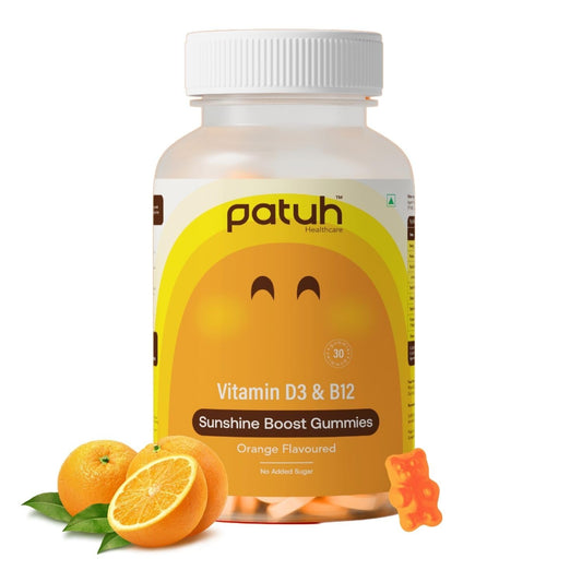 PATUH HEALTHCARE Vitamin D3 & B12 Gummies | 100% Vegetarian Formula | Sugar-Free Energy & Immunity Support Gummies for Men and Women | Orange Flavour Vegan Supplement | Pack of 1