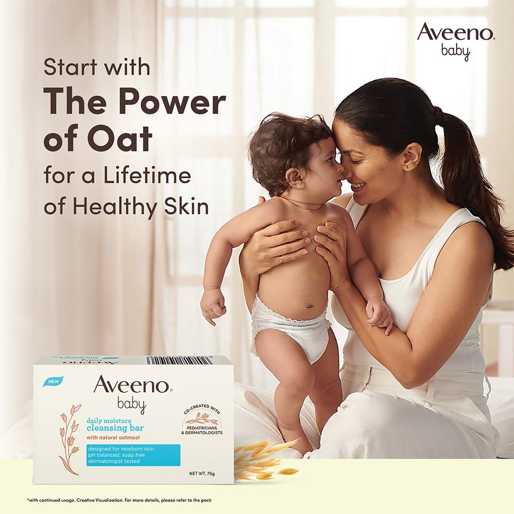 Aveeno Baby Daily Moisture Cleansing Bar 75g | With natural Oatmeal, Glycerin and Shea Butter | Co-created with Pediatricians and Dermatologists for newborn sensitive skin | pH balanced, free of soap, parabens sulfates and phthalates