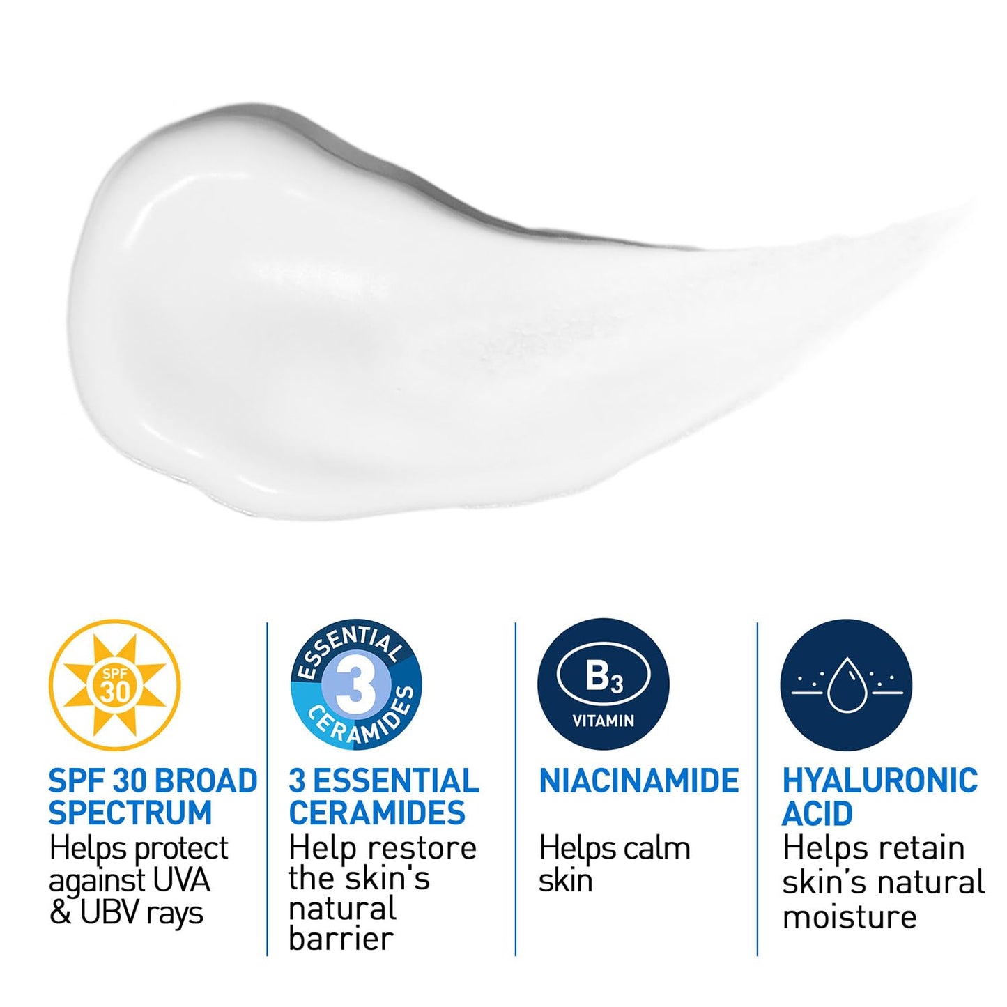 Close-up of a skincare product with text highlighting SPF 30, ceramides, niacinamide, and hyaluronic acid.