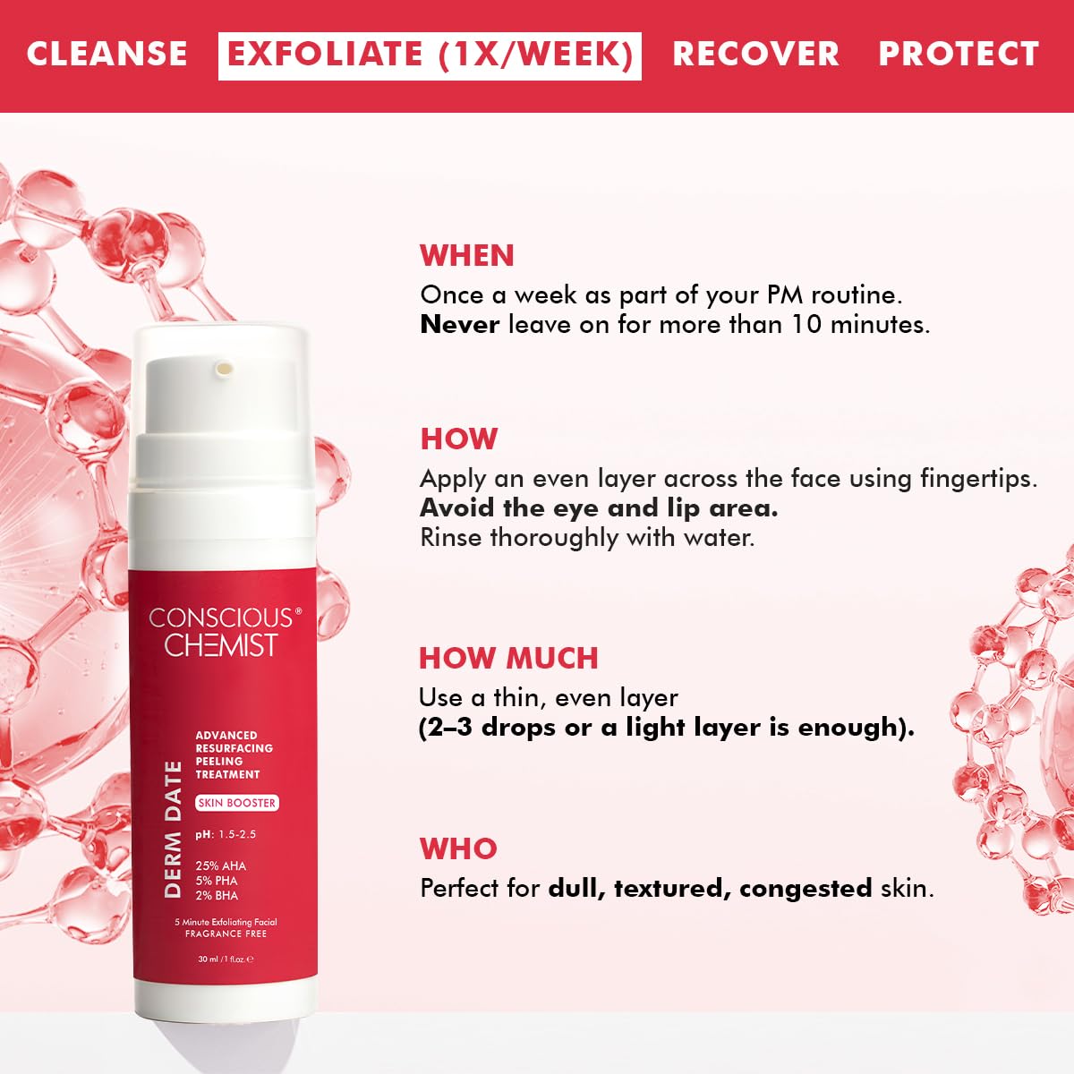 Conscious Chemist skincare product with usage instructions on a red and white background