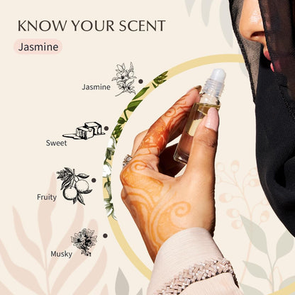 Hand holding a small bottle of perfume with floral graphics and text describing jasmine, sweet, fruity, and musky scents.