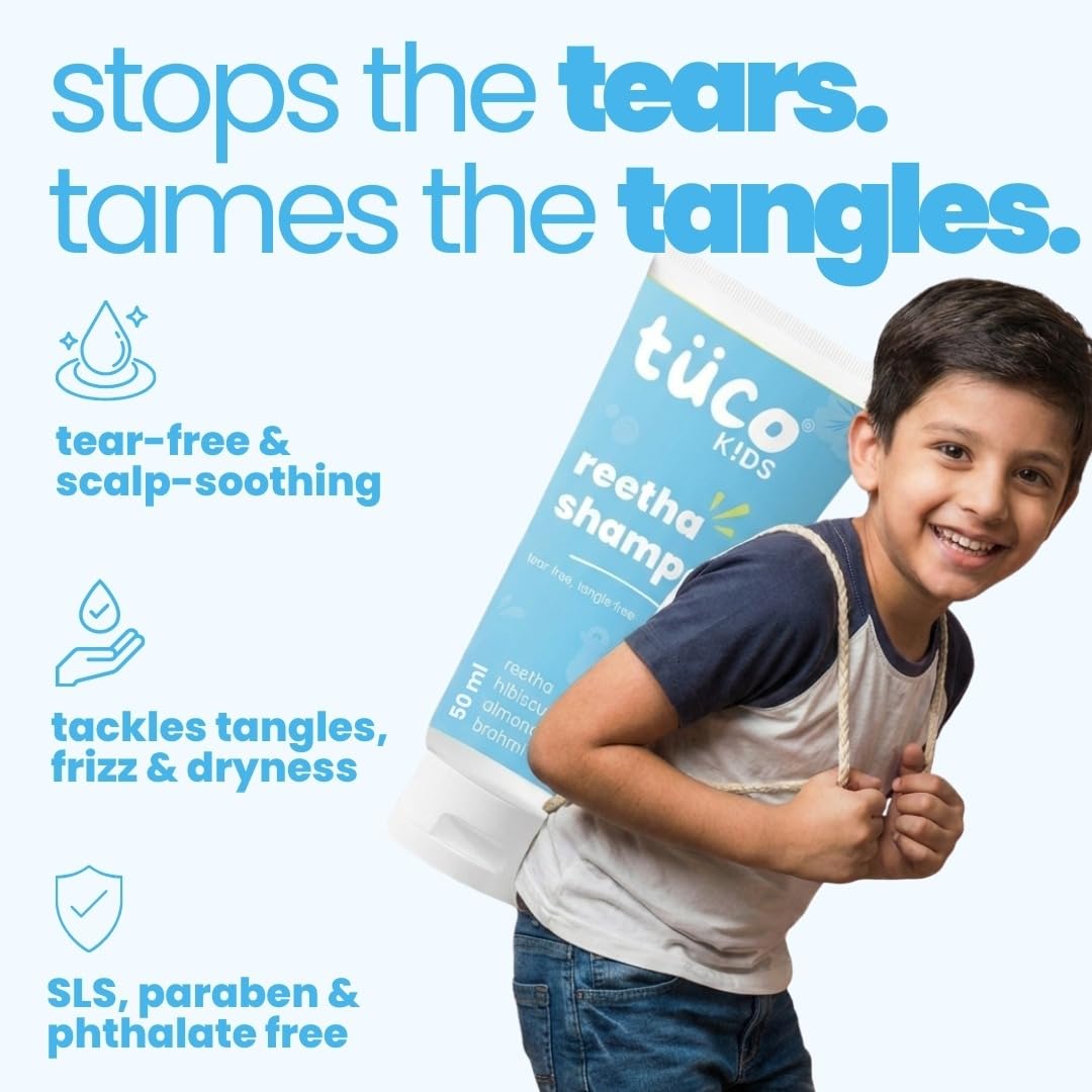 Advertisement for tüco Kids Reetha Shampoo with a child holding the product, highlighting its benefits.