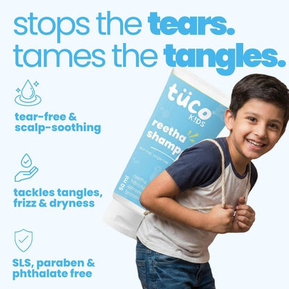 Advertisement for tüco Kids Reetha Shampoo with a child holding the product, highlighting its benefits.