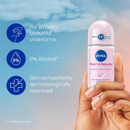 NIVEA Pearl and Beauty 50ml Deo Underarm Roll On | With Pearl Extracts & Avocado Oil | 72 H Long Lasting Floral Scent | 0% Alcohol and Dermat Approved | For Women