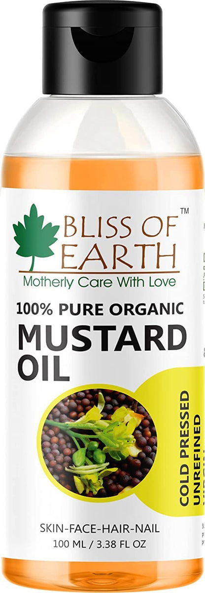 Bliss of Earth Mustard Oil for Hair, 100% Pure Organic & Hexane Free, Organic Mustard Oil, Cold Pressed, Baby-Friendly, Antibacterial, 100ml,