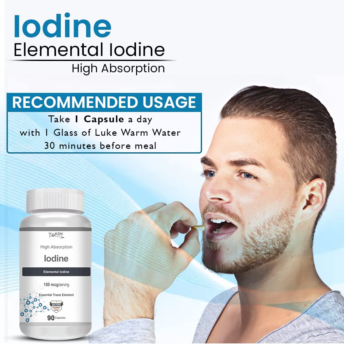 Iodine supplement packaging with a man taking a supplement capsule, on a light blue background.