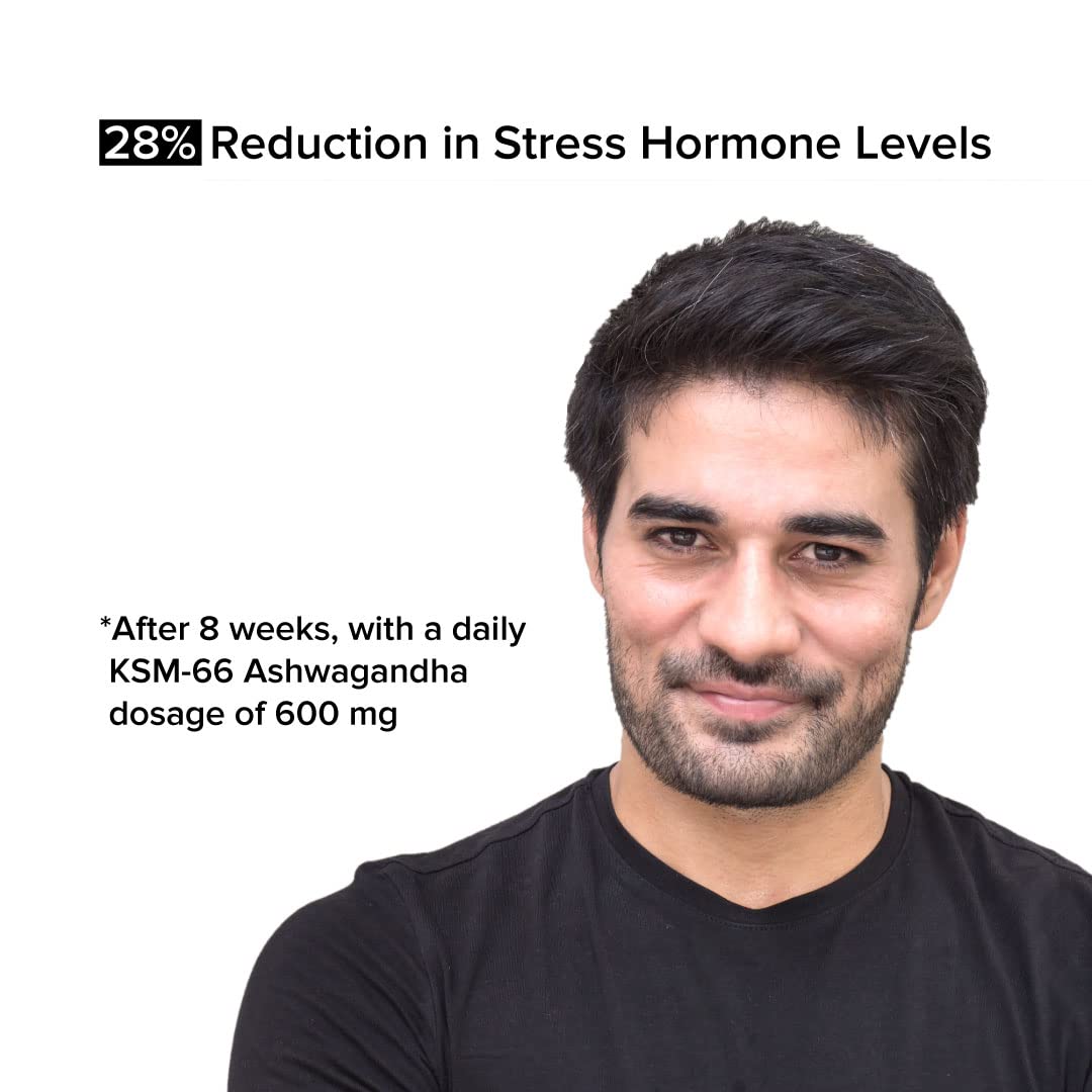 Man with text about stress hormone reduction and KSM-66 Ashwagandha dosage