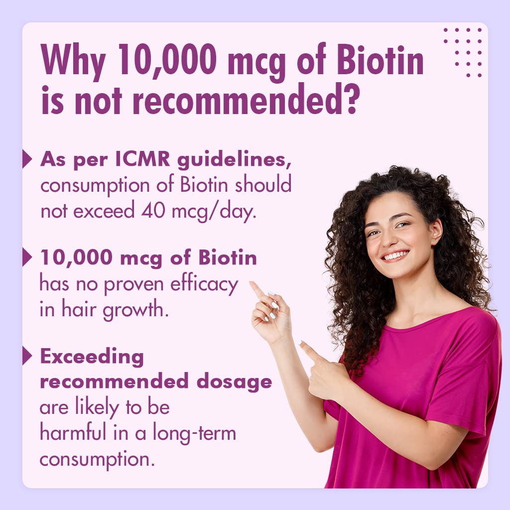 Woman pointing to text explaining why 10,000 mcg of Biotin is not recommended.