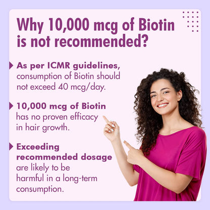Woman pointing to text explaining why 10,000 mcg of Biotin is not recommended.