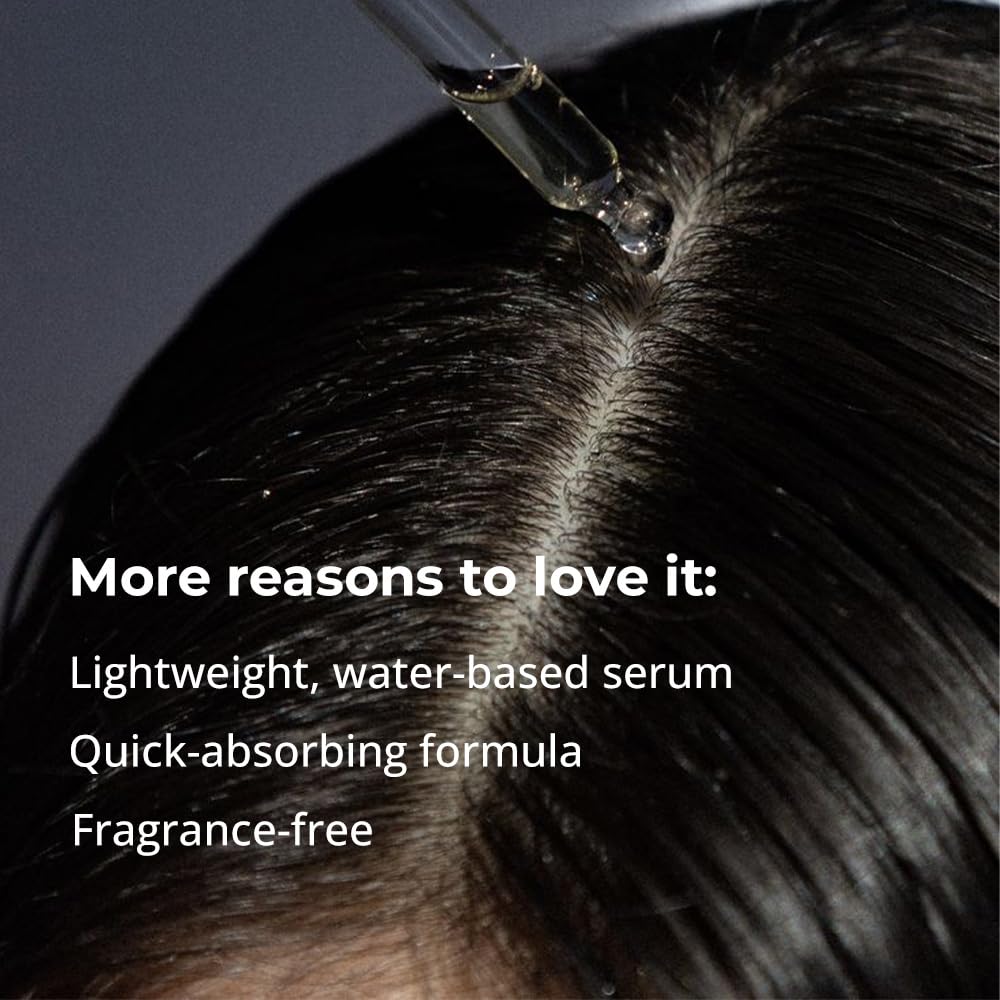 Serum dropper being used on hair with text about serum benefits.