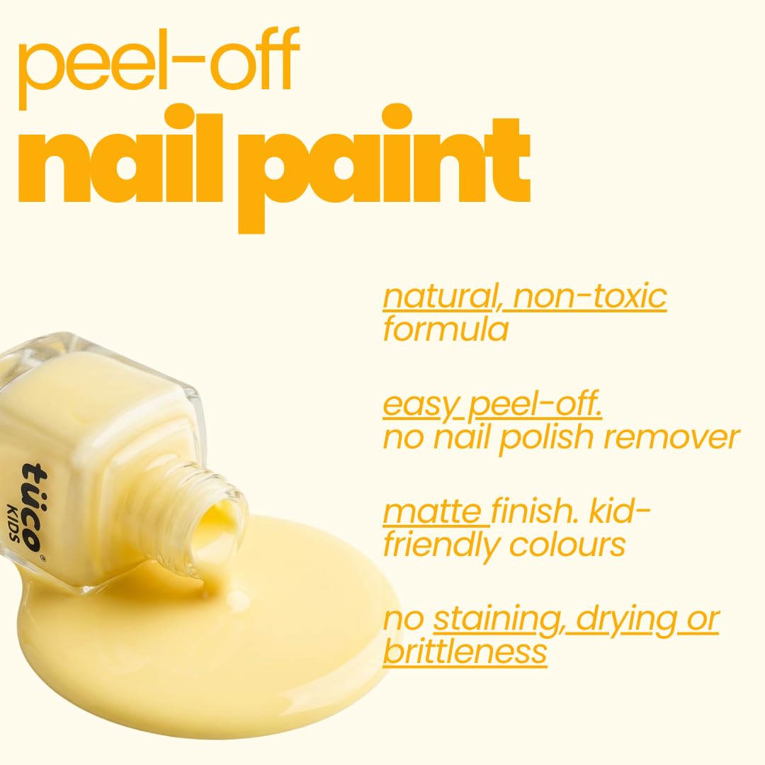 Tuco Kids peel-off nail paint with product details on a white background