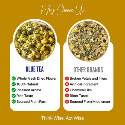 BLUE TEA - Chamomile Tea - 50+ Cups | SLEEP & RELAXATION | Herbal Tea - Caffeine Free - Flower Based - Non-Bitter | Reusable Pet Jar