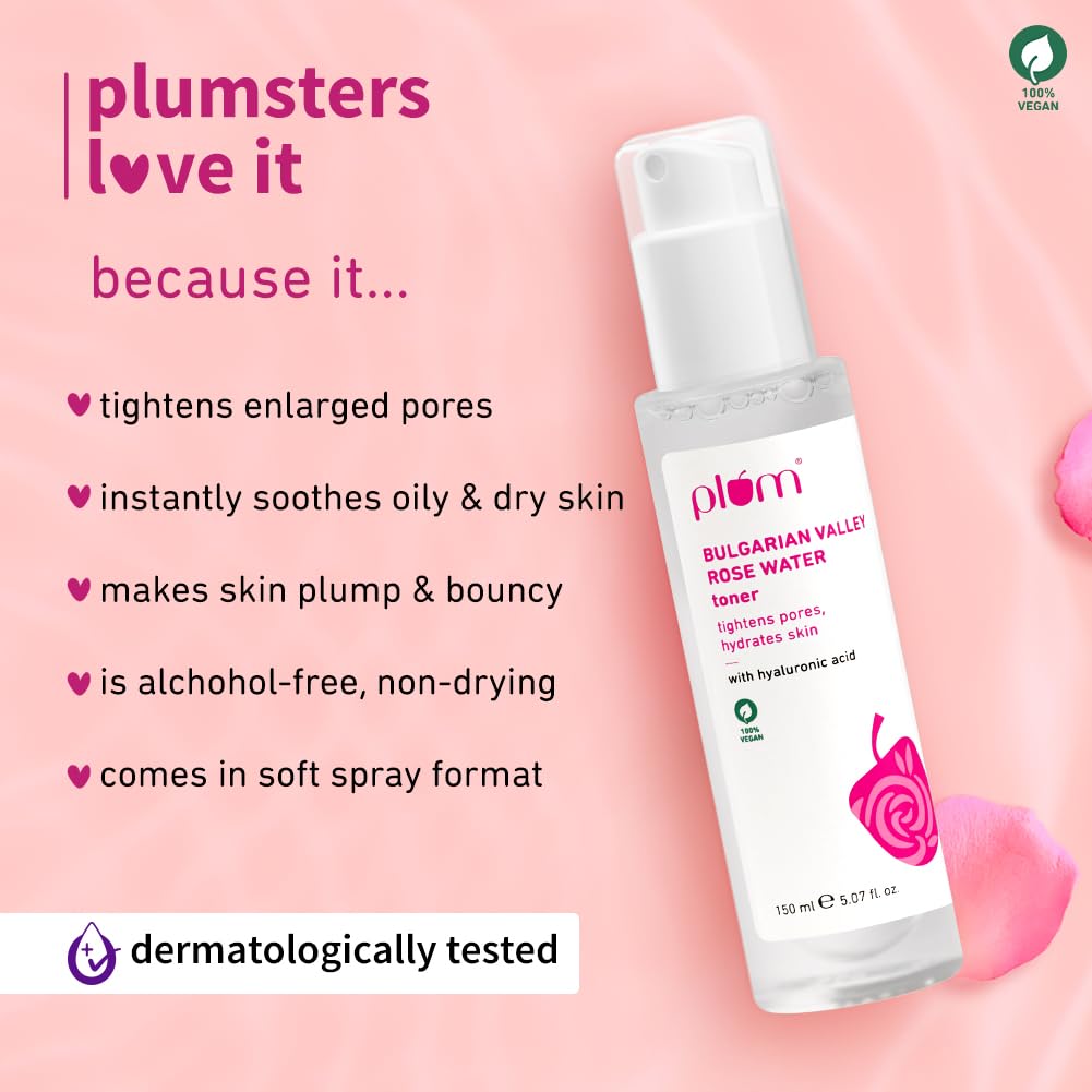 Plum Bulgarian Valley Rose Water Face Toner | for Oily Acne Prone Dry Combination Skin | with Hyaluronic Acid | Hydrating & Pores Tightening | Balances pH Levels | Alcohol-Free | Women & Men | 150ml