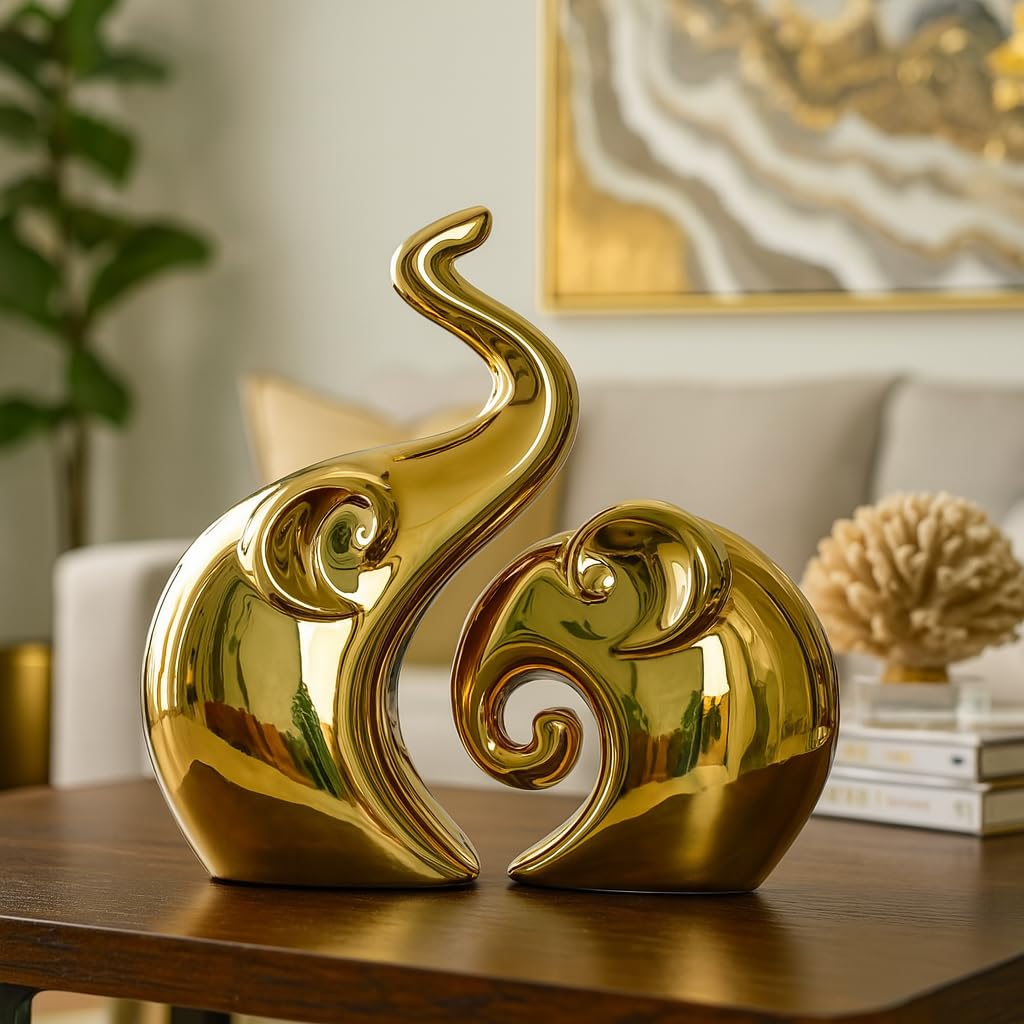 Home Decor Elephant Set | Ceramic Figurines - (Set of 2 Piece, Golden)