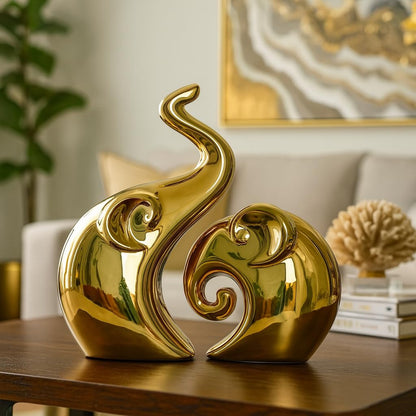 Home Decor Elephant Set | Ceramic Figurines - (Set of 2 Piece, Golden)
