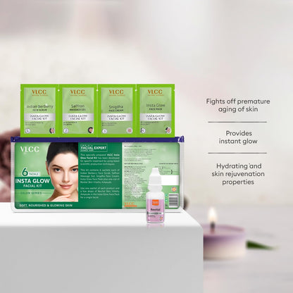 VLCC Salon Series Insta Glow Facial Kit (6 Facials) - 240g + 12ml | Fights Premature Ageing | Youthful Glow Facial Kit with Saffron & Berberry | Anti-Microbial and Complexion Brightening