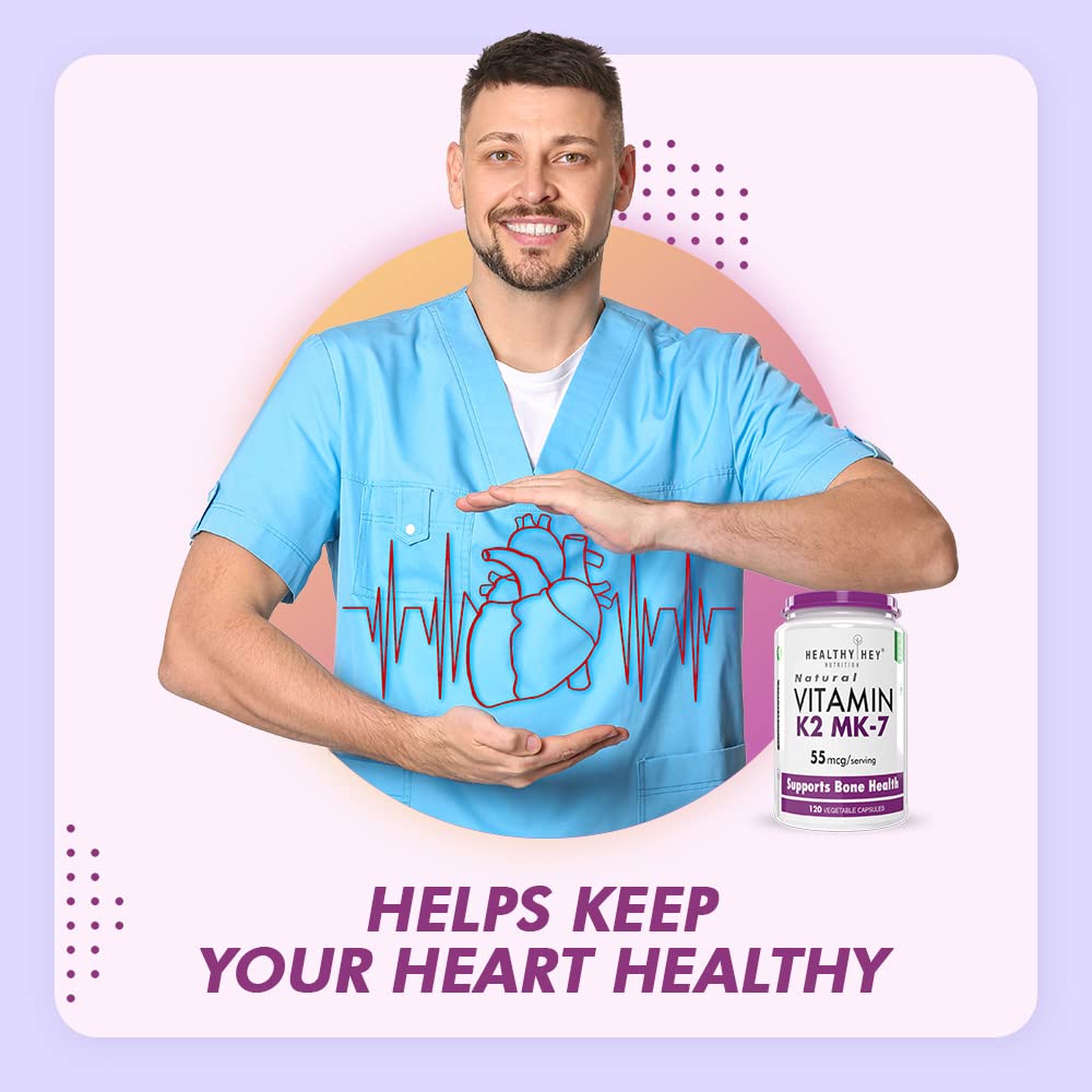 Man in blue scrubs holding a supplement bottle with text 'Helps keep your heart healthy' on a light purple background