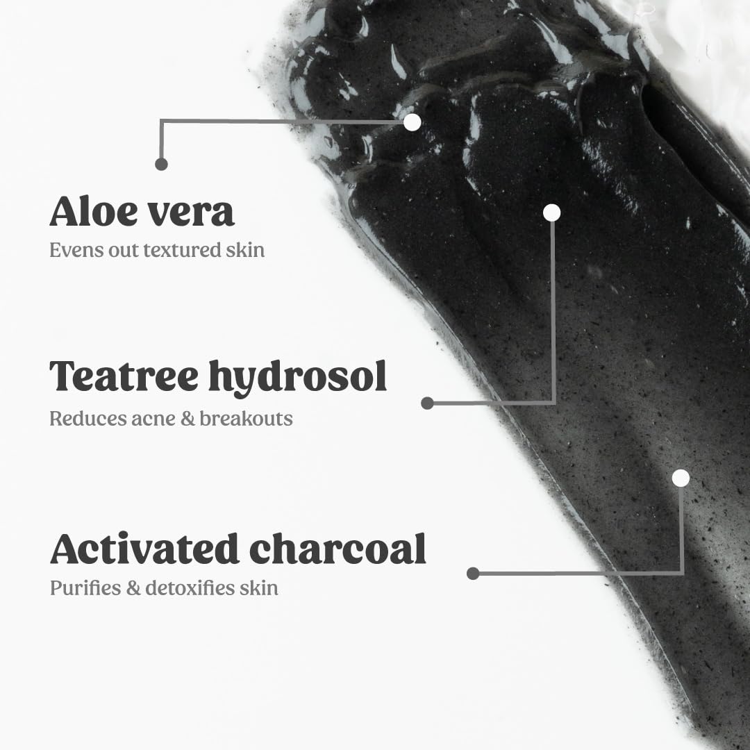 Vilvah Charcoal Face Mask | Eliminates Blackheads & Whiteheads | Targets Acne, Controls Excess Oil & Minimises Pores | Detoxifies & Unclogs Pores | With Activated Charcoal, Tea Tree Hydrosol & Aloe Vera | For Men & Women | 100g