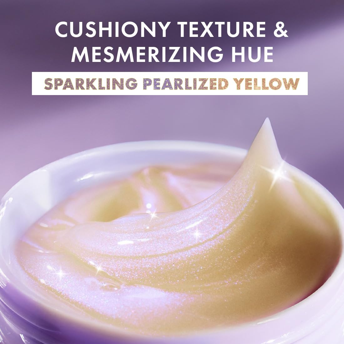 Close-up of a sparkling pearlized yellow cream with text describing texture and color.