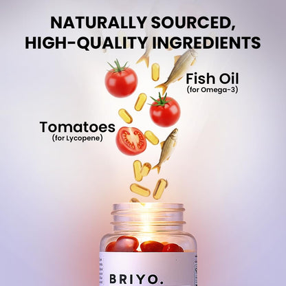 Bottle of BRIYO vitamins with fish oil capsules and tomatoes labeled for ingredients on a gradient background.