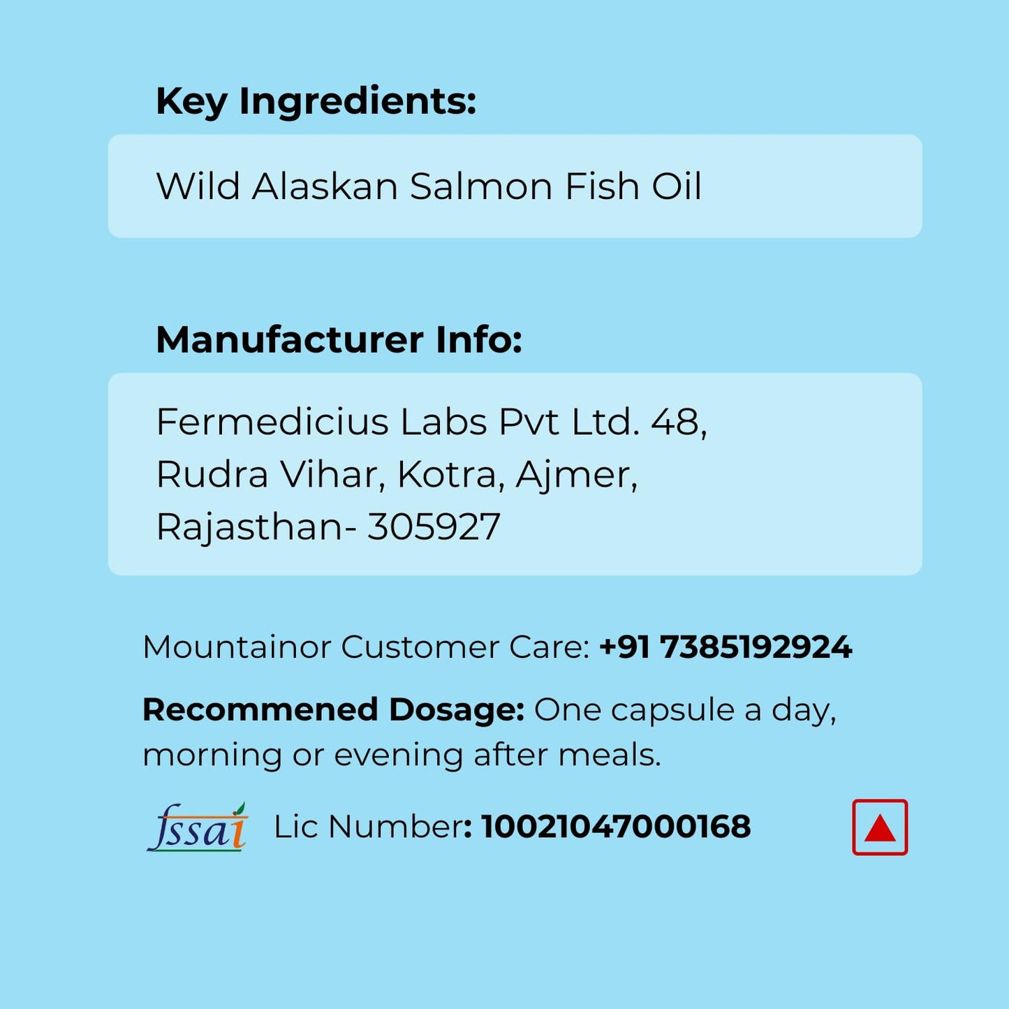 Product label with key ingredients, manufacturer information, customer care contact, and dosage instructions on a blue background.
