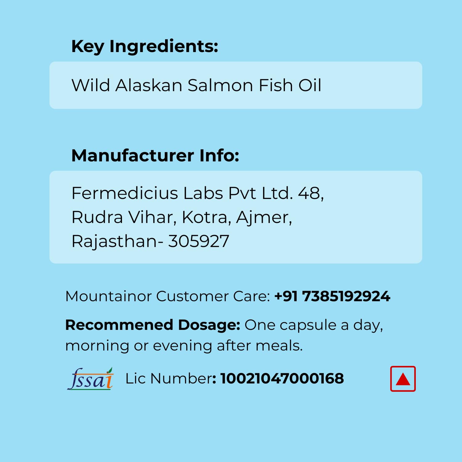 Product label with key ingredients, manufacturer information, customer care contact, and dosage instructions on a blue background.