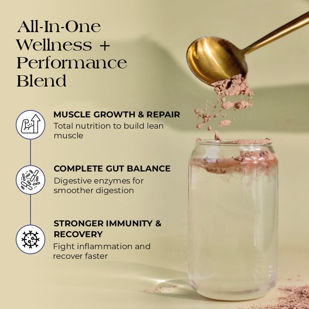 Glass of a wellness and performance blend with a spoonful being added, on a beige background.