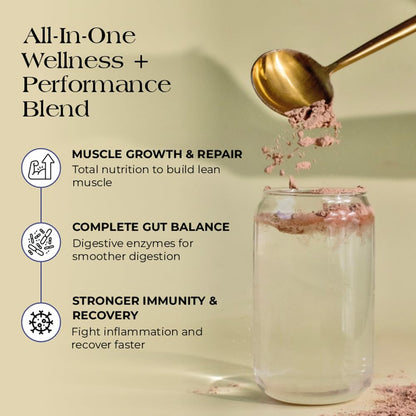 Glass of a wellness and performance blend with a spoonful being added, on a beige background.