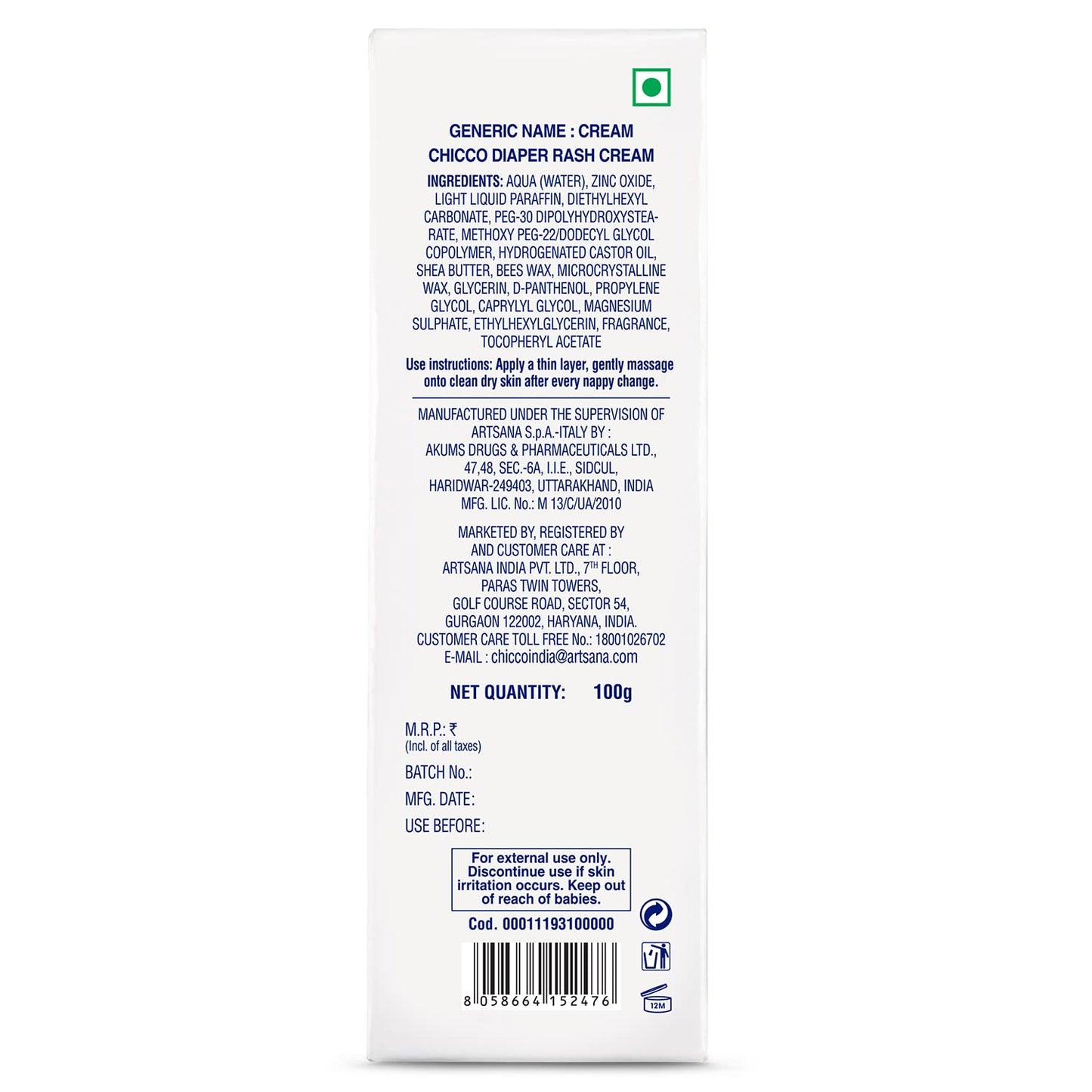 Chicco Baby Moments Diaper Rash Cream, New Advanced Triple Protection Skin Shield Formula with Natural Ingredients to Prevent Rashes & Irritation, No Phenoxyethanol & Parabens (100g)