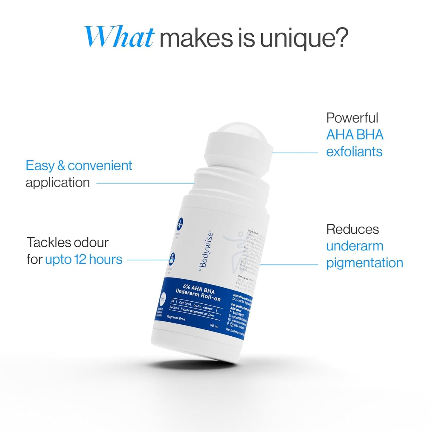 Be Bodywise 6% AHA BHA Underarm Roll On Deodorant, 50ml | 1% Mandelic, 4% Lactic, 1% Salicylic Acid | Prevents Body Odour & Fades Pigmentation | Alcohol & Aluminium Free | Fragrance-free