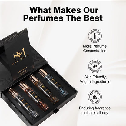 Set of perfume bottles in a black box with 'NYM New York' branding, featuring text on benefits.