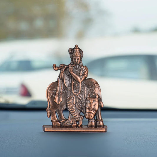Sri Krishna with Cow & Bansuri Idol for Car Dashboard – Copper Finish Gopal Ji Statue Flute Pose Murti for Car & Temple (S935-CPR)