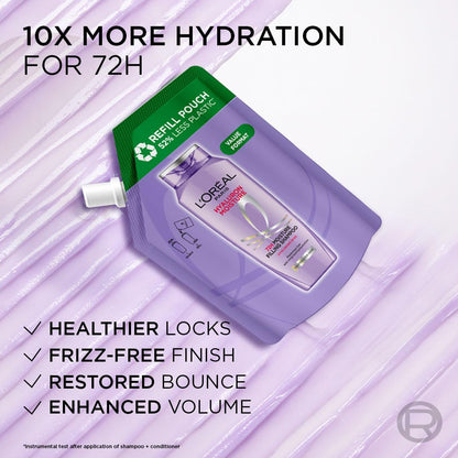 L'Oreal refill pouch with text highlighting hydration benefits on a purple background