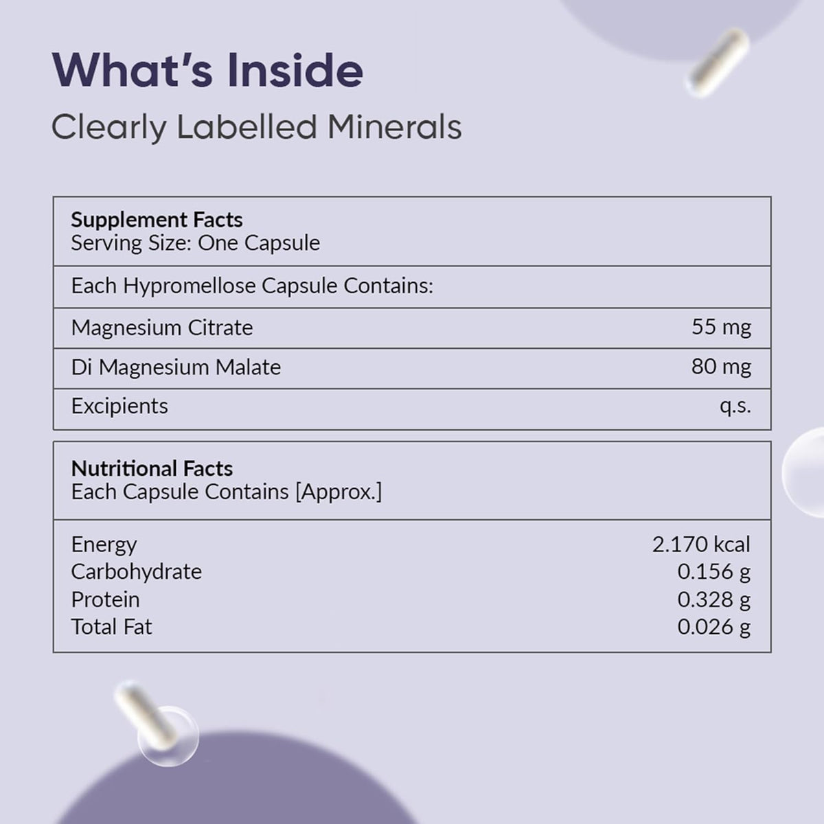 Supplement label with clear details on minerals and nutritional facts on a light purple background.