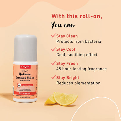 Roll-on deodorant with lemon slices on a peach background