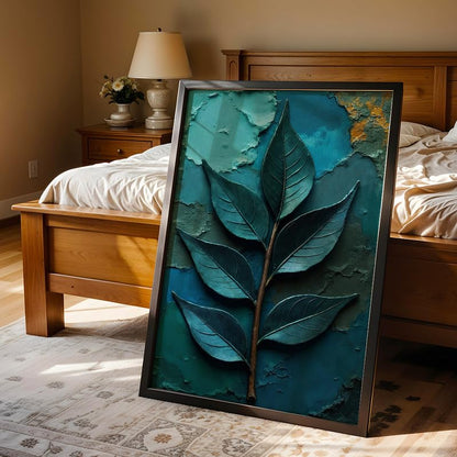 Botanical Leaf Wall Painting with Frame Set of 1 | Premium Textured Teal Green Leaf Artwork, Modern Nature Inspired Wall Decor for Living Room, Bedroom, Office and Home Decoration (Art-18,13x19inch)