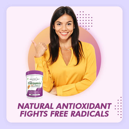 Woman in yellow shirt with Génération Vitamins Curcumin supplement on purple background
