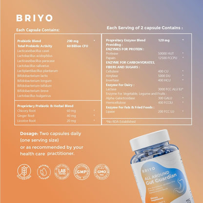 BRIYO supplement bottle with label details on an orange background