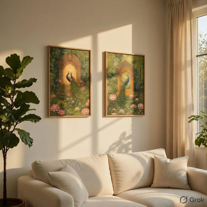 Royal Peacock Garden Wall Painting Set of 2 with Wooden Frames | Mughal Palace Peacock Artwork HD Sparkle Laminated MDF Wall Decor | Traditional Indian Wall Art for Living Room Bedroom