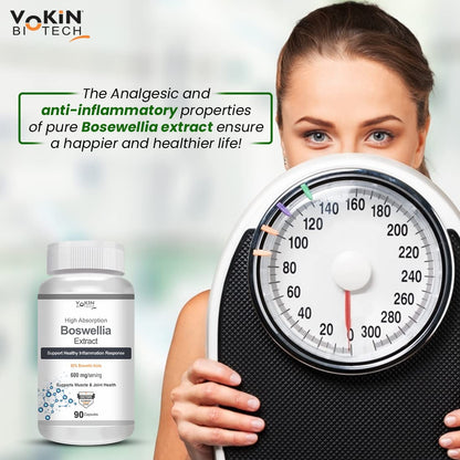 Woman holding a scale with Vokin Biotech Boswellia Extract supplement bottle on a light background