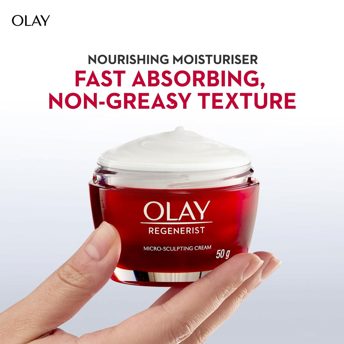 Olay Regenerist cream jar with text on a light gray background