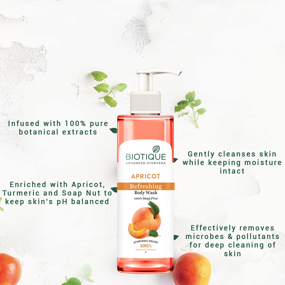 Biotique Apricot Refreshing Body Wash bottle with text highlighting its benefits on a white background.