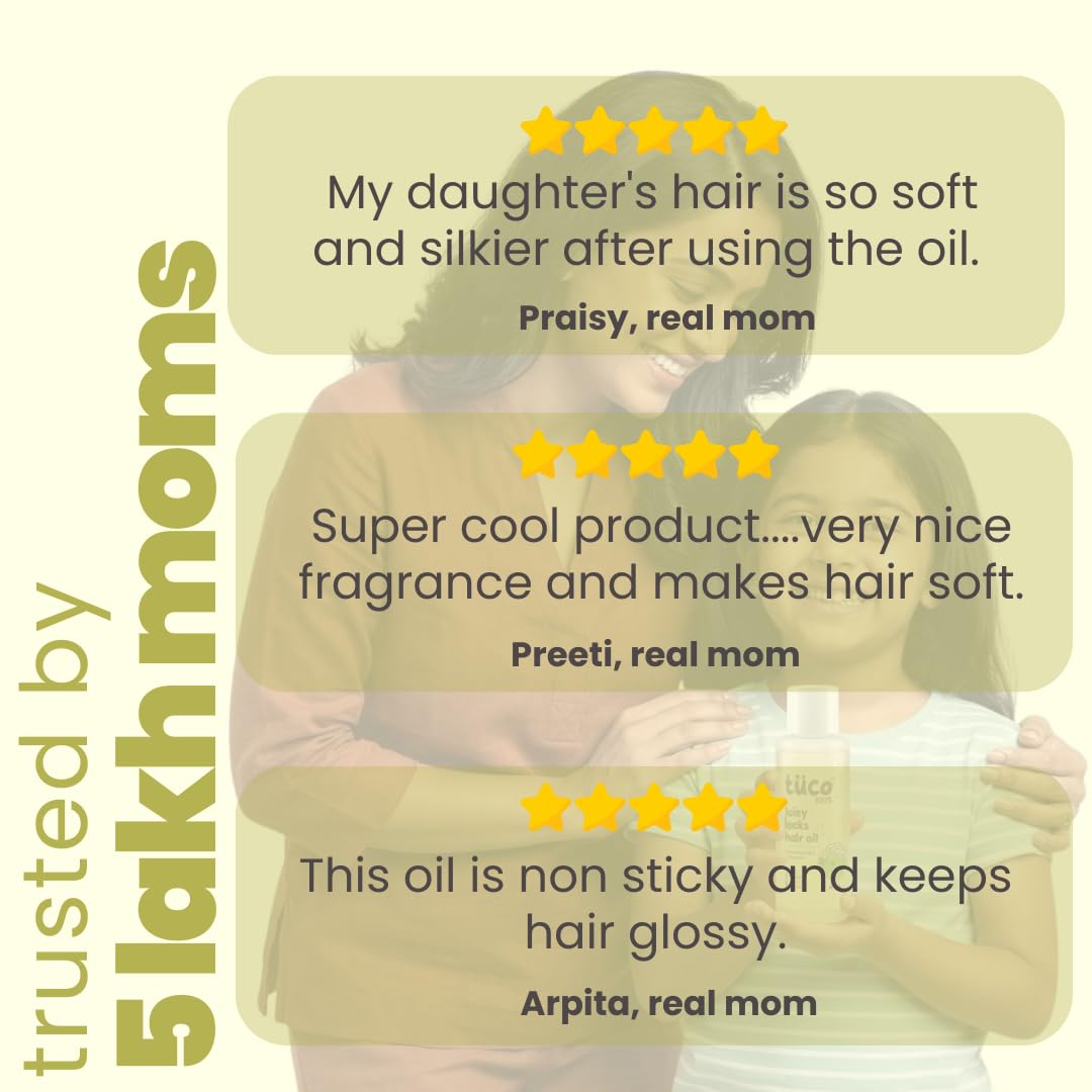 Two women hugging with product reviews overlaid on a yellow background