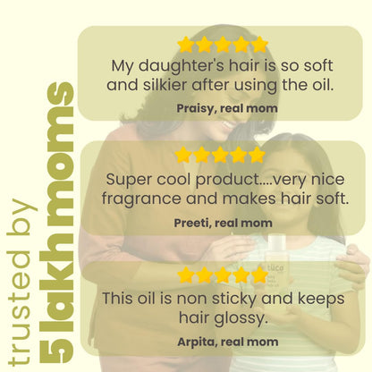 Two women hugging with product reviews overlaid on a yellow background