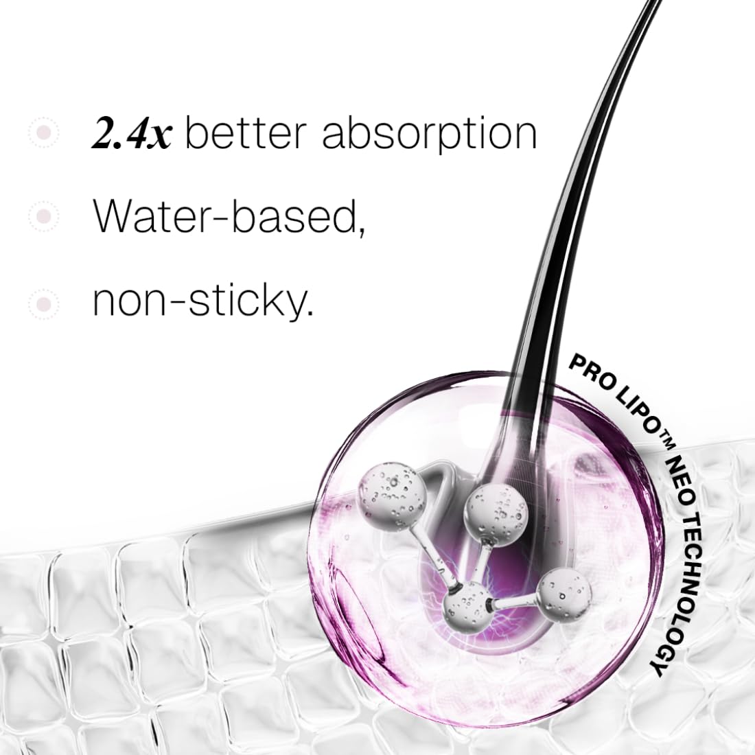 Product with text highlighting better absorption, water-based nature, and non-sticky properties on a white background.