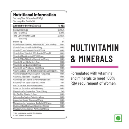 Zephivo Unived Basics Multivitamin & Minerals For Women, 100% Rda Of All Vitamins With Algae Calcium & Plant-Based Vitamin D3 Plus Important Minerals, Complete Formulation For Health & Wellbeing - Capsule
