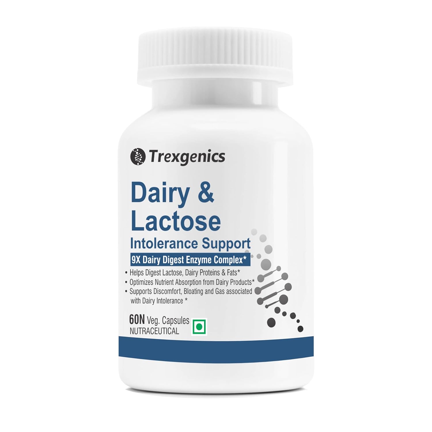 Trexxenics Dairy & Lactose Intolerance Support supplement bottle on a white background
